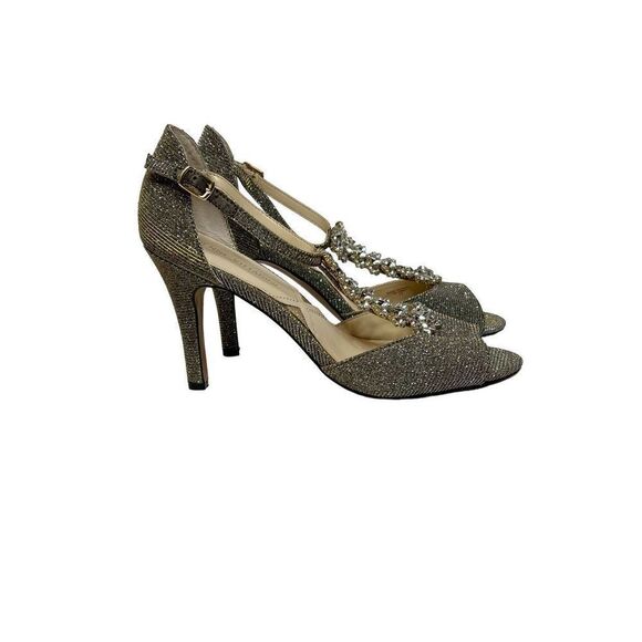 Adrienne Vittadini Gina gold glitter T strap open toe high heels size 7 - Picture 2 of 16